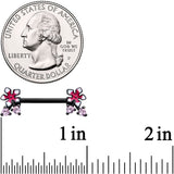 14G 9/16 Pink Gem Black Fanciful Flower Barbell Nipple Ring Set