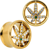Green Gem Gold Tone Pot Leaf Double Flare Tunnel Plug Set
