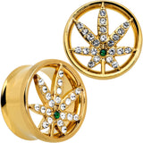 Green Gem Gold Tone Pot Leaf Double Flare Tunnel Plug Set