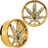 Green Gem Gold Tone Pot Leaf Double Flare Tunnel Plug Set