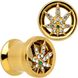 Green Gem Gold Tone Pot Leaf Double Flare Tunnel Plug Set