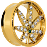 Green Gem Gold Tone Pot Leaf Double Flare Tunnel Plug Set