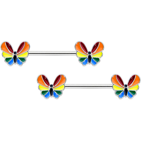 14G 9/16 Pride Rainbow Stripe Butterfly Barbell Nipple Ring Set