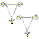 14G 9/16 Clear Gem Daisy Bee Chain Dangle Barbell Nipple Ring Set