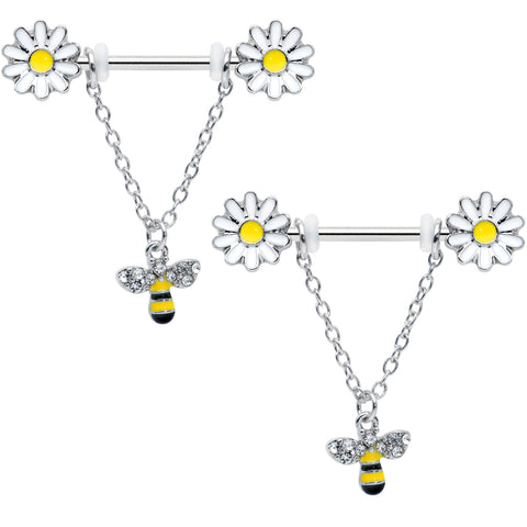 14G 9/16 Clear Gem Daisy Bee Chain Dangle Barbell Nipple Ring Set