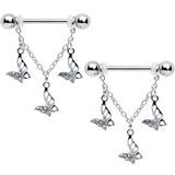 14G 9/16 Clear Gem Open Butterfly Chain Dangle Nipple Ring Set