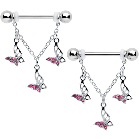 14G 9/16 Pink Gem Open Butterfly Chain Dangle Nipple Ring Set