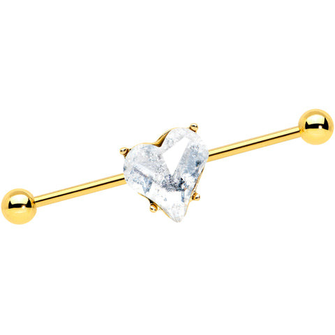 14G Clear Gem Gold Tone Heart Valentine Industrial Barbell 38mm