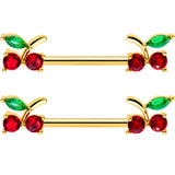 14G 9/16 Red Gem Gold Tone Tasty Cherry Barbell Nipple Ring Set