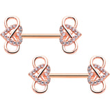 14G 1/2 Clear CZ Gem Rose Gold Hue Infinity Heart Nipple Ring Set
