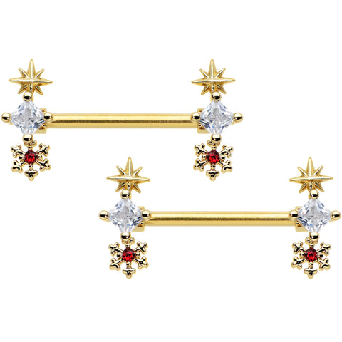 14G 9/16 Red Gold Tone Snowflake Star Christmas Nipple Ring Set