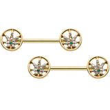 14G 9/16 Clear Green Gem Gold Hue Pot Leaf Circle Nipple Ring Set