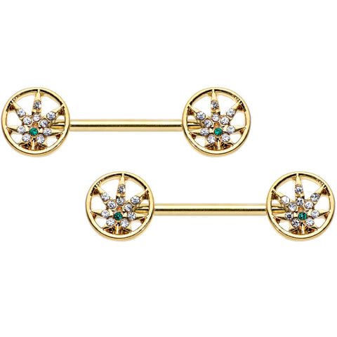 14G 9/16 Clear Green Gem Gold Hue Pot Leaf Circle Nipple Ring Set