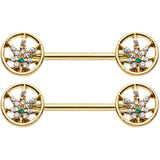 14G 9/16 Clear Green Gem Gold Hue Pot Leaf Circle Nipple Ring Set