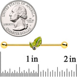 14G Clear Gem Gold Tone Lush Green Leaves Industrial Barbell 38mm