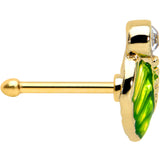 20G 1/4  Clear Gem Gold Tone Lush Green Leaf Nose Bone