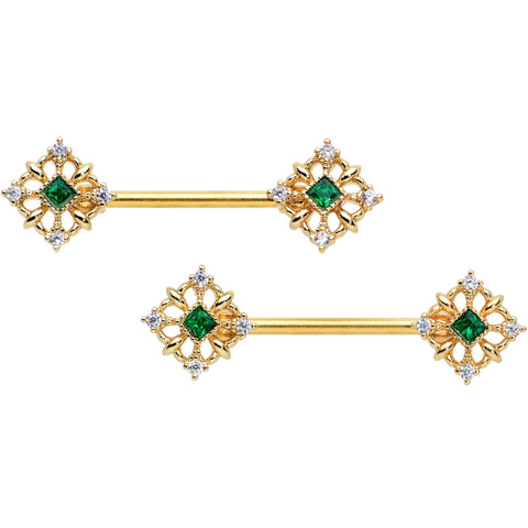 14G 9/16 Green Gem Gold Tone Noble Square Barbell Nipple Ring Set