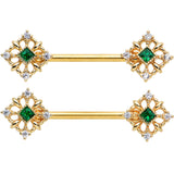 14G 9/16 Green Gem Gold Tone Noble Square Barbell Nipple Ring Set