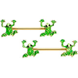 14G 9/16 Gold Tone Green Tree Frog Barbell Nipple Ring Set