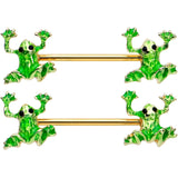 14G 9/16 Gold Tone Green Tree Frog Barbell Nipple Ring Set