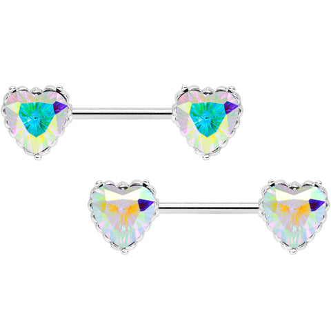 14G 9/16 Aurora CZ Gem Heart Valentines Day Nipple Ring Set