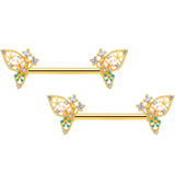 14G 9/16 Clear CZ Gem Gold Hue Abstract Butterfly Nipple Ring Set