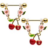 14G 9/16 Clear Gem Gold Tone Cherry Fruit Dangle Nipple Ring Set