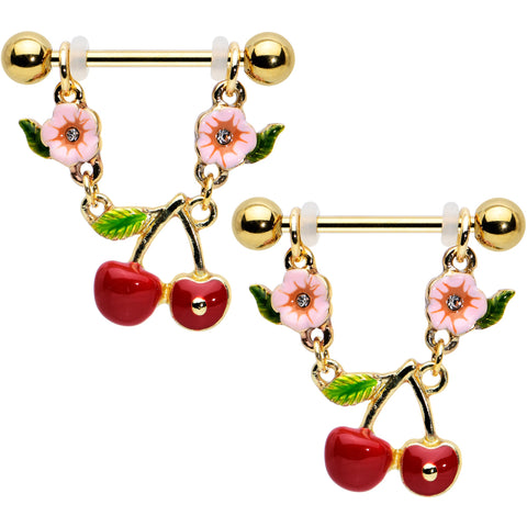14G 9/16 Clear Gem Gold Tone Cherry Fruit Dangle Nipple Ring Set