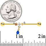 14G Clear Blue Gem Gold Tone Drop Dangle Industrial Barbell 38mm