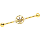 14G Clear Gem Gold Tone Pot Leaf Circle Industrial Barbell 38mm