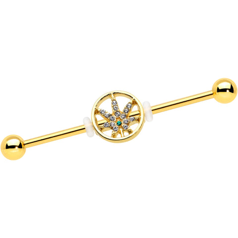 14G Clear Gem Gold Tone Pot Leaf Circle Industrial Barbell 38mm