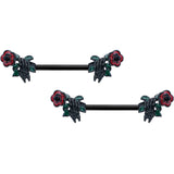 14G 9/16 Black Skeleton Flower Halloween Barbell Nipple Ring Set