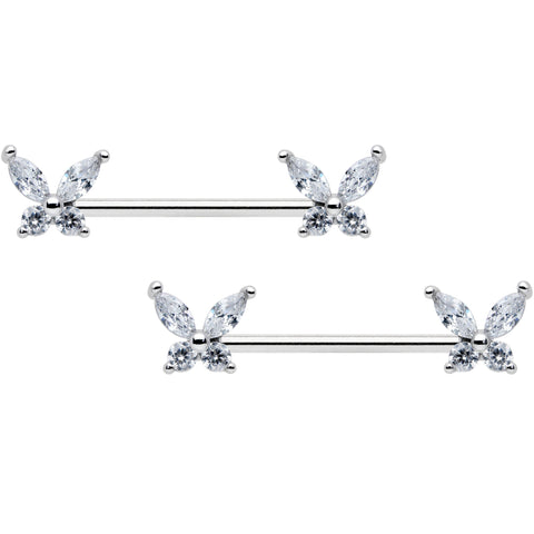 14G 9/16 Clear CZ Gem Butterflies Barbell Nipple Ring Set