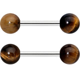 14G 1/2 Elegant Brown Tiger Eye Barbell Nipple Ring Set