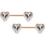 14G 9/16 Grey CZ Gem Rose Gold Tone Heart Nipple Ring Set