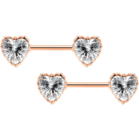 14G 9/16 Grey CZ Gem Rose Gold Tone Heart Nipple Ring Set