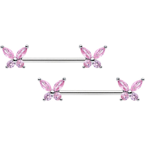 14G 3/4 Pink CZ Gem Butterflies Barbell Nipple Ring Set