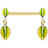 14G 5/8 Clear Gem Gold Tone Lush Leaves Dangle Nipple Ring Set