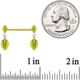 14G 5/8 Clear Gem Gold Tone Lush Leaves Dangle Nipple Ring Set