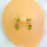 14G 5/8 Clear Gem Gold Tone Lush Leaves Dangle Nipple Ring Set
