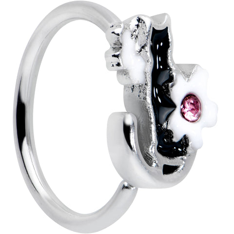 20G 5/16 Pink Gem Black Cat White Flowers Nose Hoop