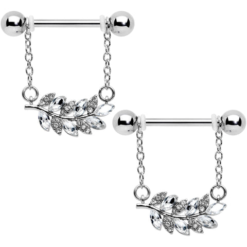 14G 9/16 Clear Gem Leafy Branch Dangle Nipple Ring Set