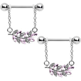14G 9/16 Clear Pink Gem Leafy Branch Dangle Nipple Ring Set