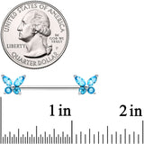 14G 3/4 Blue CZ Gem Butterflies Barbell Nipple Ring Set