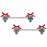 14G 9/16 Pine Bough Red Bow Christmas Barbell Nipple Ring Set
