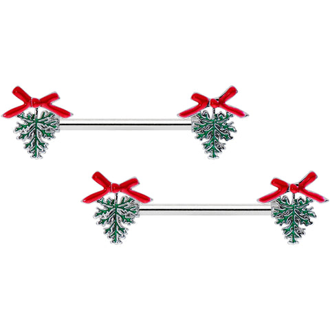 14G 9/16 Pine Bough Red Bow Christmas Barbell Nipple Ring Set