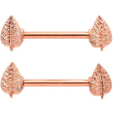 14G 9/16 Rose Gold Tone Fall Texture Leaf Barbell Nipple Ring Set
