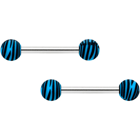 14G 9/16 Matte Blue Zebra Stripe Barbell Nipple Ring Set
