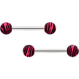 14G 9/16 Matte Pink Zebra Stripe Barbell Nipple Ring Set