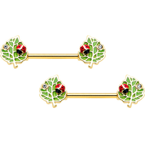 14G 9/16 Clear Gem Gold Hue Leafy Ladybug Barbell Nipple Ring Set